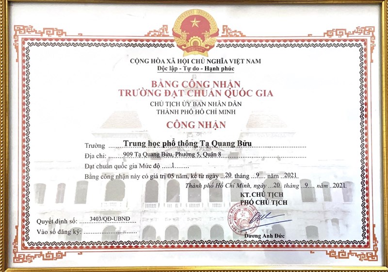 Quyết định công nhận đạt tiêu chuẩn chất lượng giáo dục năm học 2020-2021